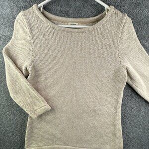 LL Bean Beige Knit Sweater Pullover Medium Reg Boat Neck Cotton Long Sleeve
